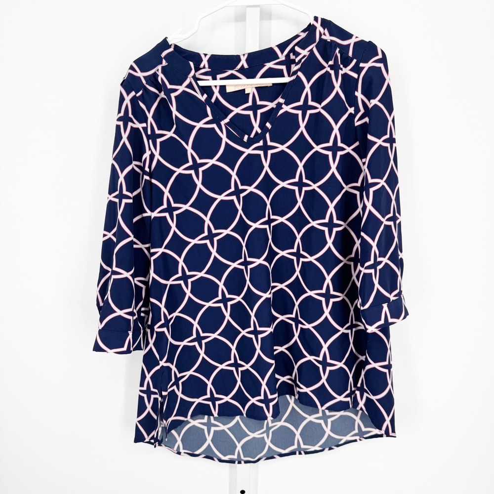 Hutch Navy Pink Geometric Trellis V-Neck Blouse 3/4 Sleeve High-Low Hem Small
